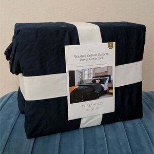 New Threshold Washed Cotton Sateen Duvet Cover and Sham Set Dark Navy King